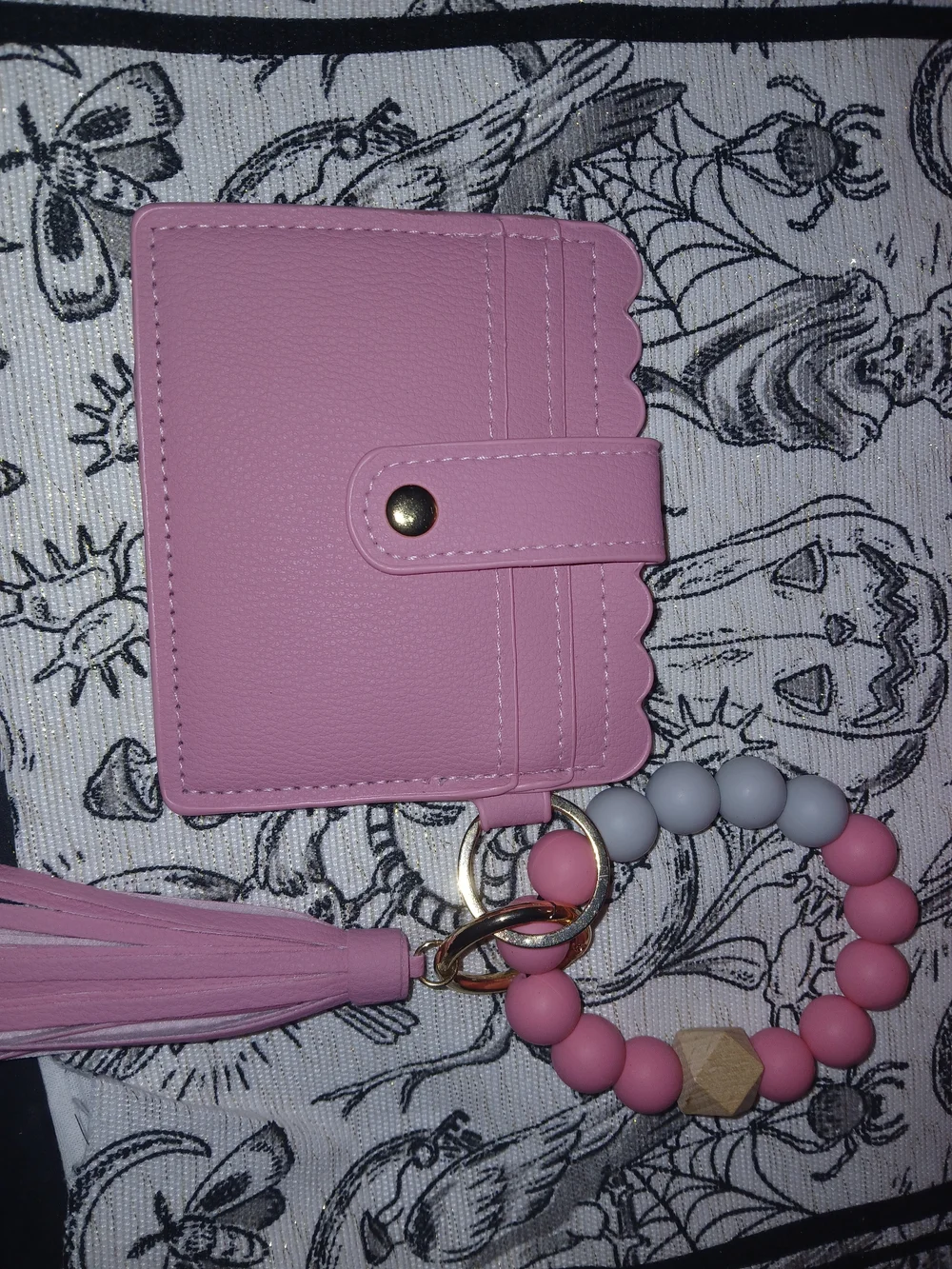 Pink Scalloped Cardholder Wallet with Beaded Keychain